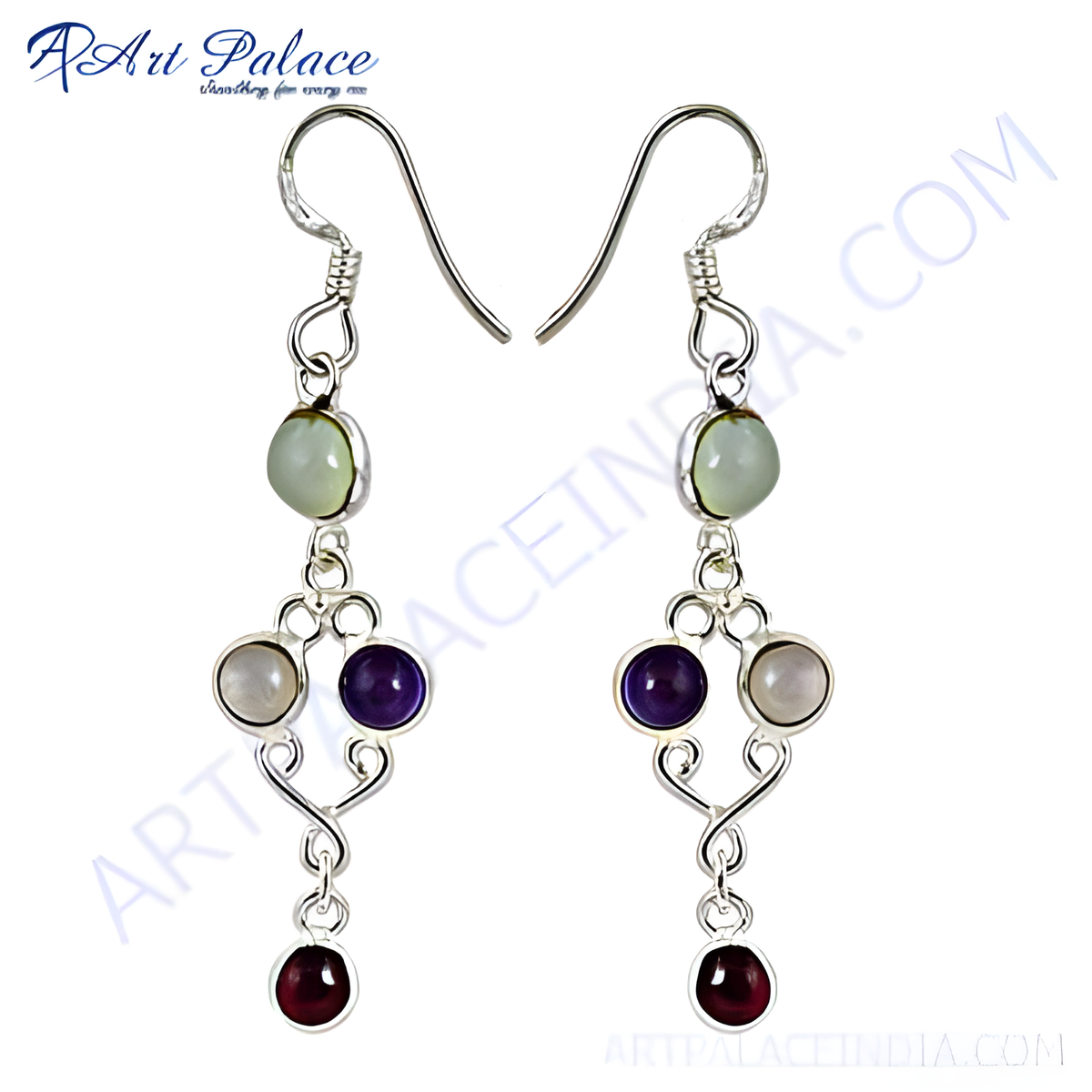 Sterling silver drop earrings featuring green, white, purple, and red gemstones for women