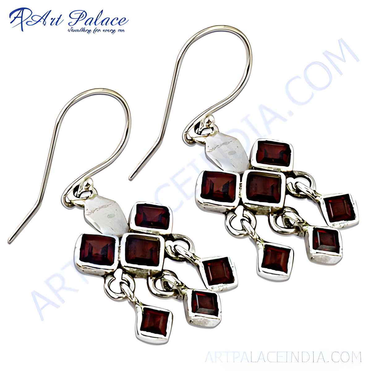 925 sterling silver drop earrings with square cut red garnet gemstones, elegant dangle earrings