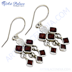 Load image into Gallery viewer, 925 sterling silver drop earrings with square cut red garnet gemstones, elegant dangle earrings
