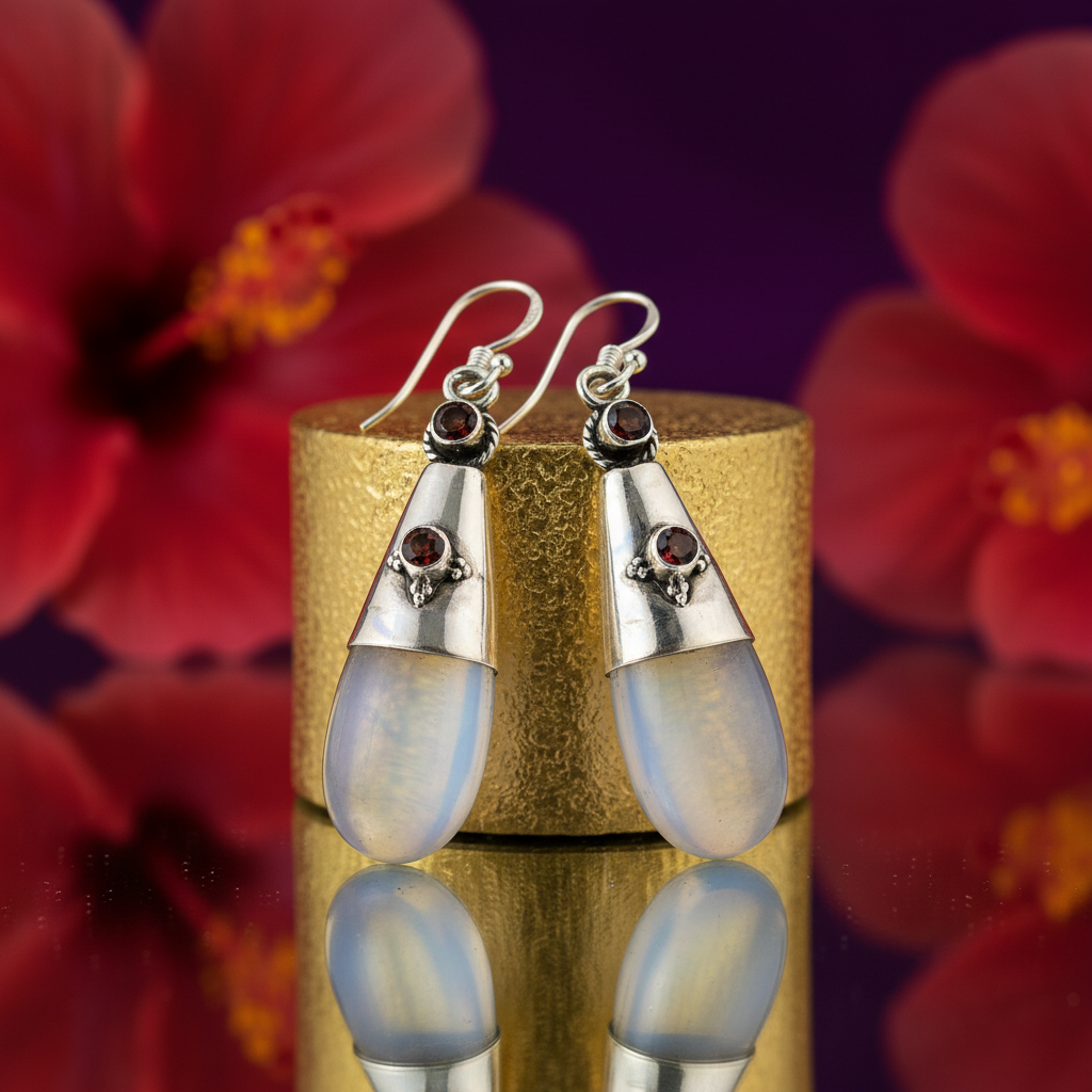 925 Silver Blue Opalite Garnet Drop Earrings for Women