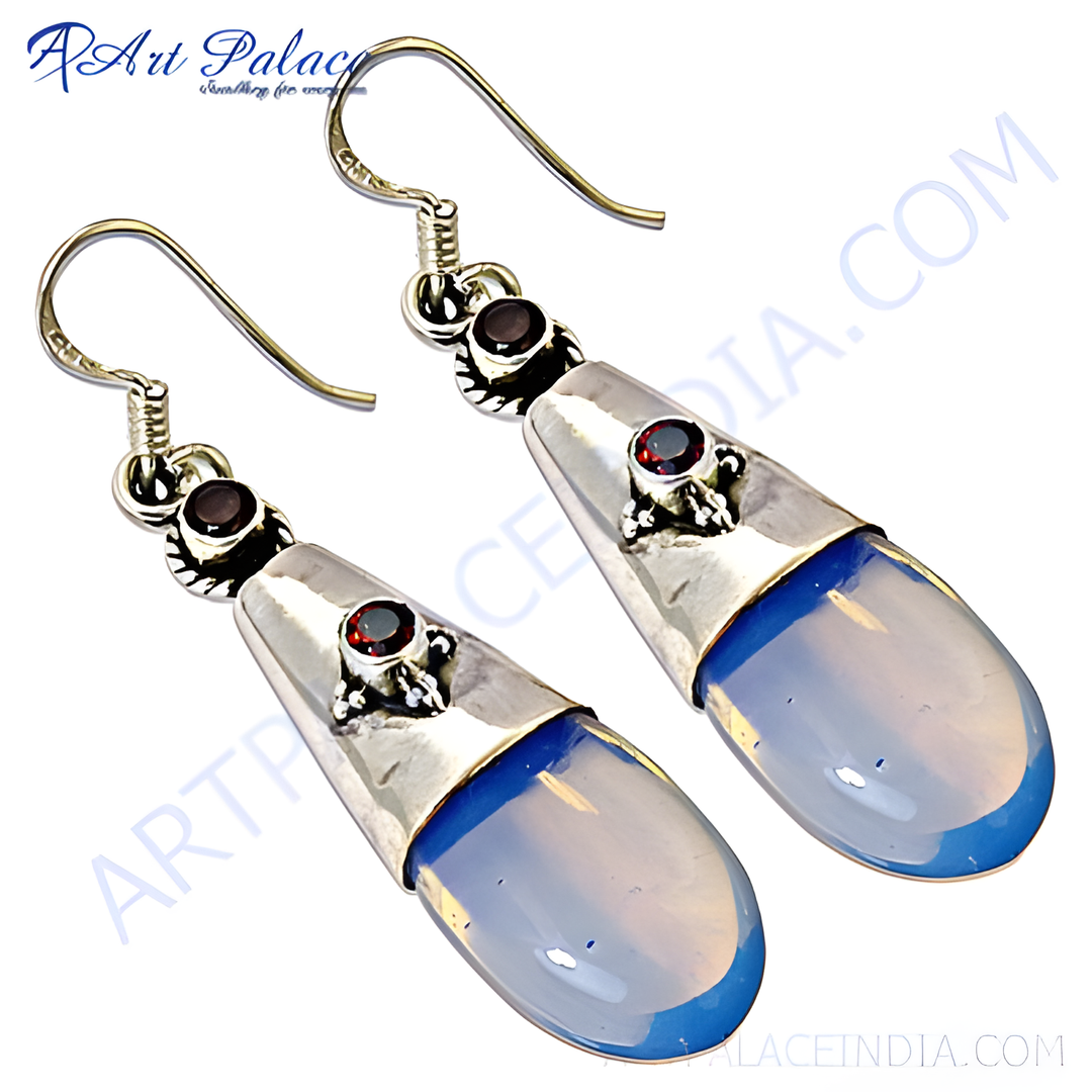 925 sterling silver drop earrings with blue opalite gemstone and garnet accents