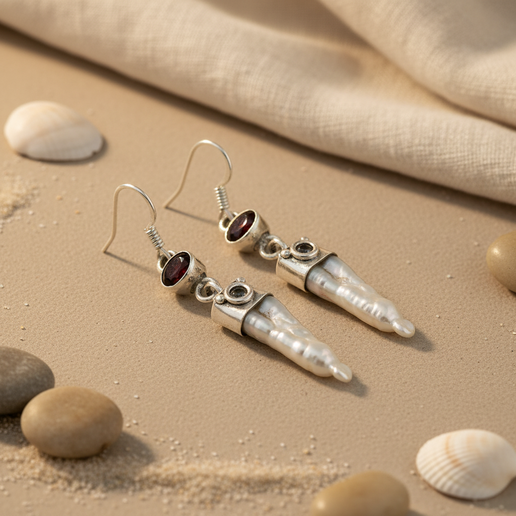 925 Silver Pearl Drop Earrings with Garnet Gemstone | For Women