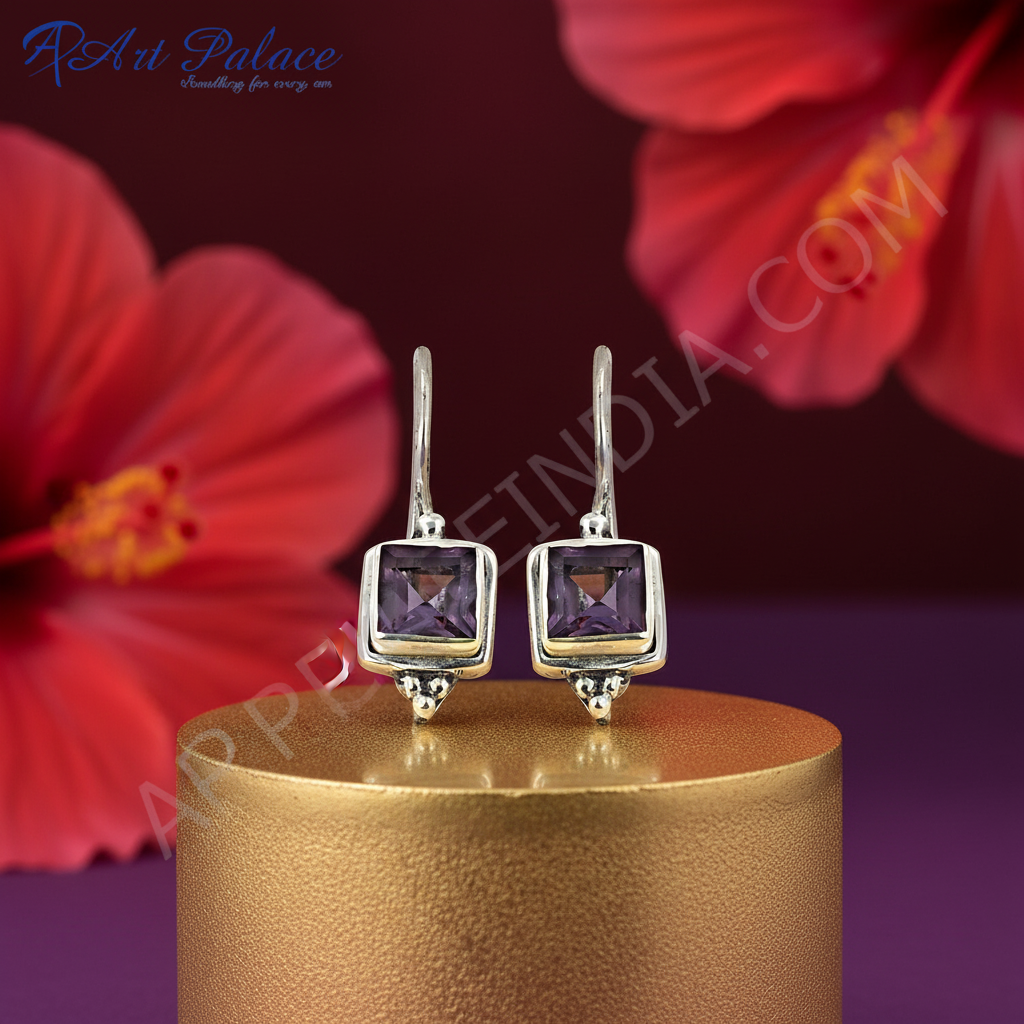 925 Silver Amethyst Square Earrings for Women | Gemstone Jewelry