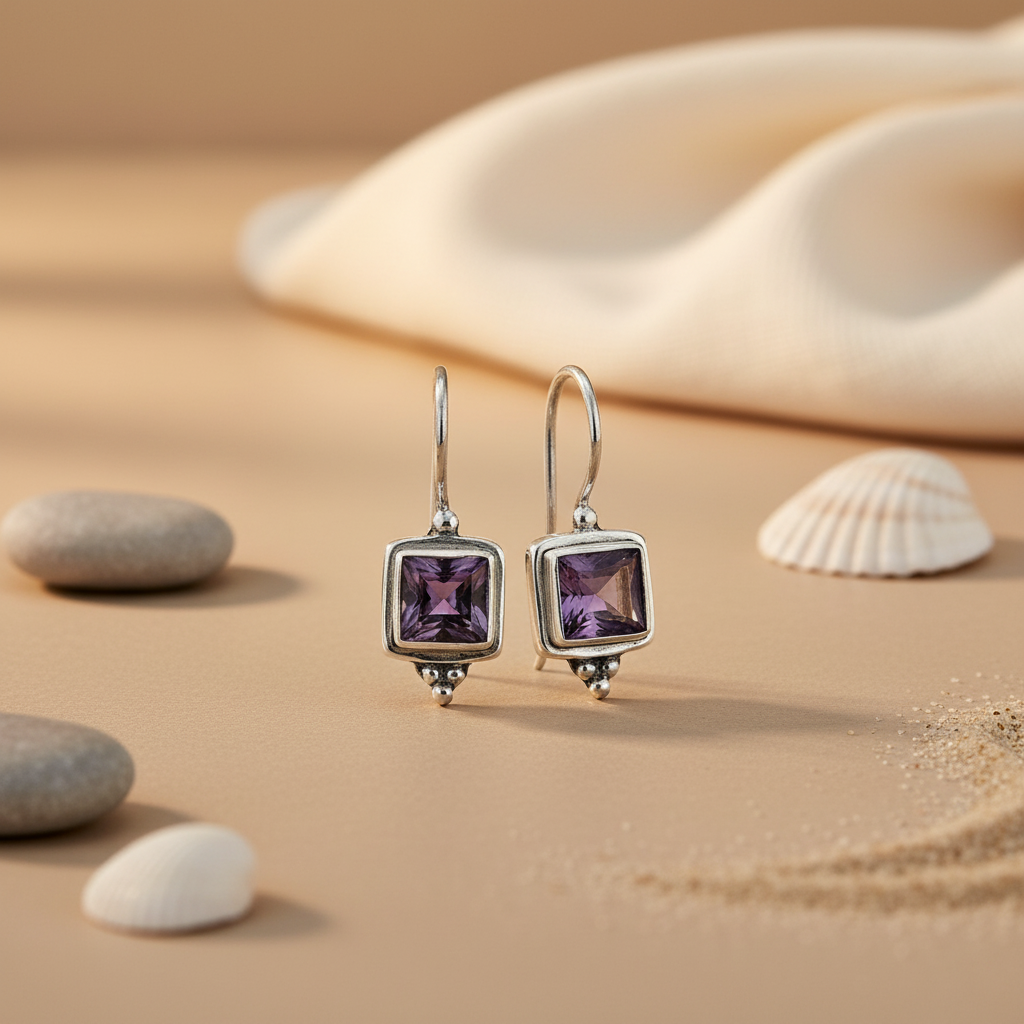 925 Silver Amethyst Square Earrings for Women | Gemstone Jewelry