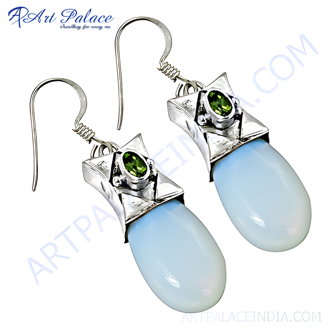 925 sterling silver drop earrings with blue chalcedony and peridot gemstones