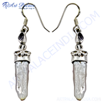 Load image into Gallery viewer, 925 sterling silver dangle earrings with pearl drops and purple amethyst accents.
