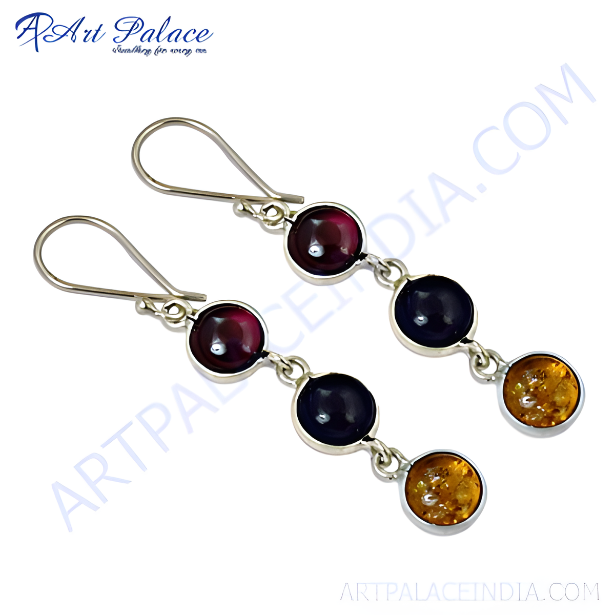 925 sterling silver drop earrings with red, blue and yellow gemstones, perfect for any occasion