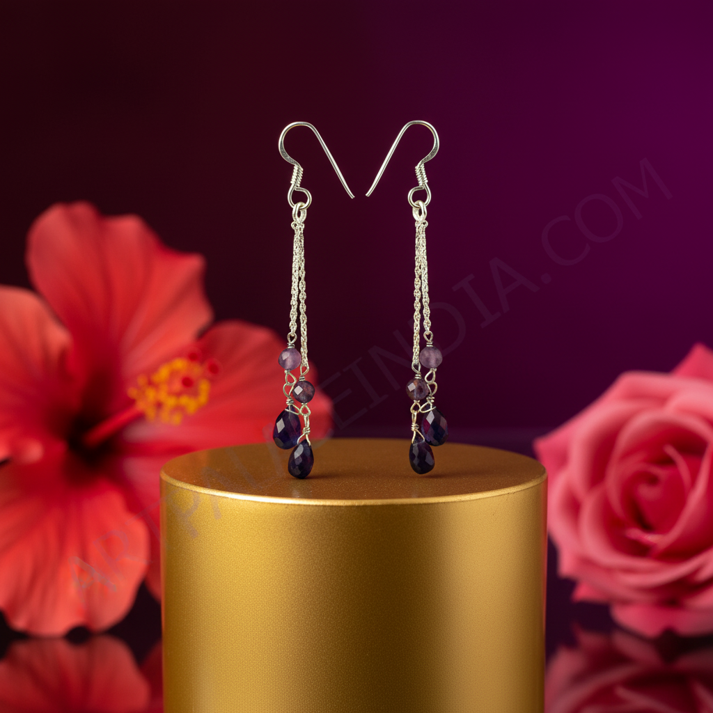 银色吊坠耳环，镶嵌紫色宝石 | 女士款