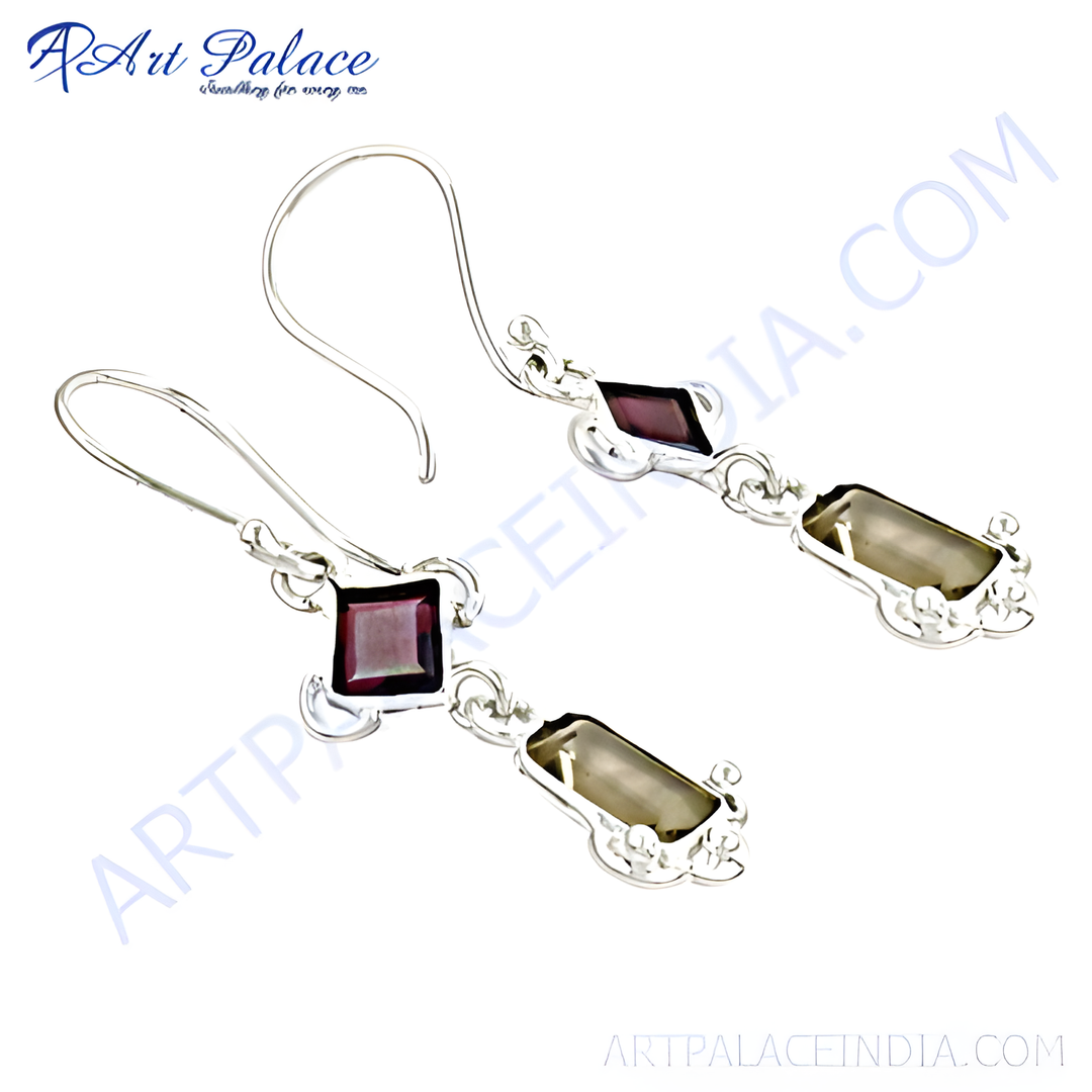 925 sterling silver drop earrings featuring a square garnet gemstone and long gemstone drops.