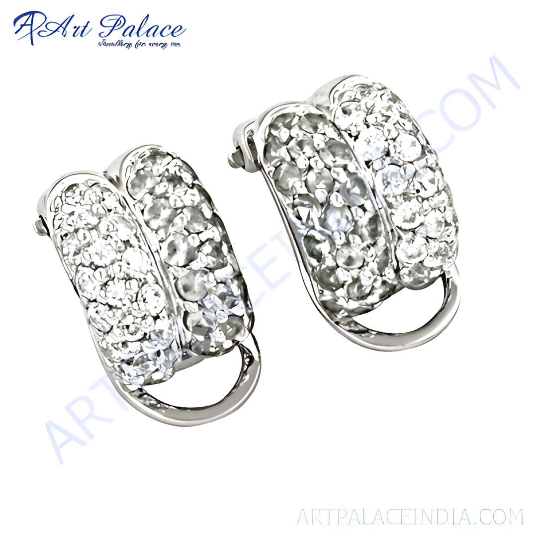 Silver stud earrings with clear cubic zirconia stones. Elegant and sparkling design for women.