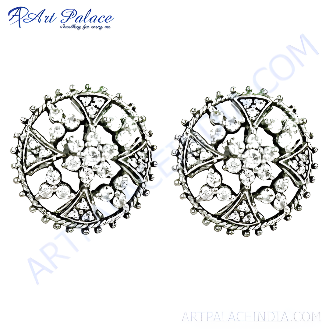 Silver stud earrings with round design and sparkling cubic zirconia stones