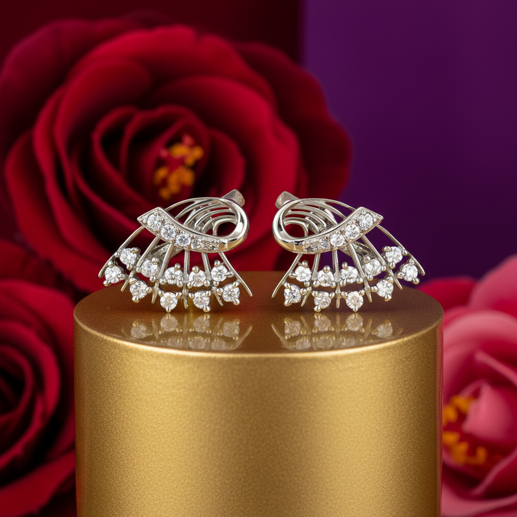 女士银色立方氧化锆扇形耳环 | 精致首饰