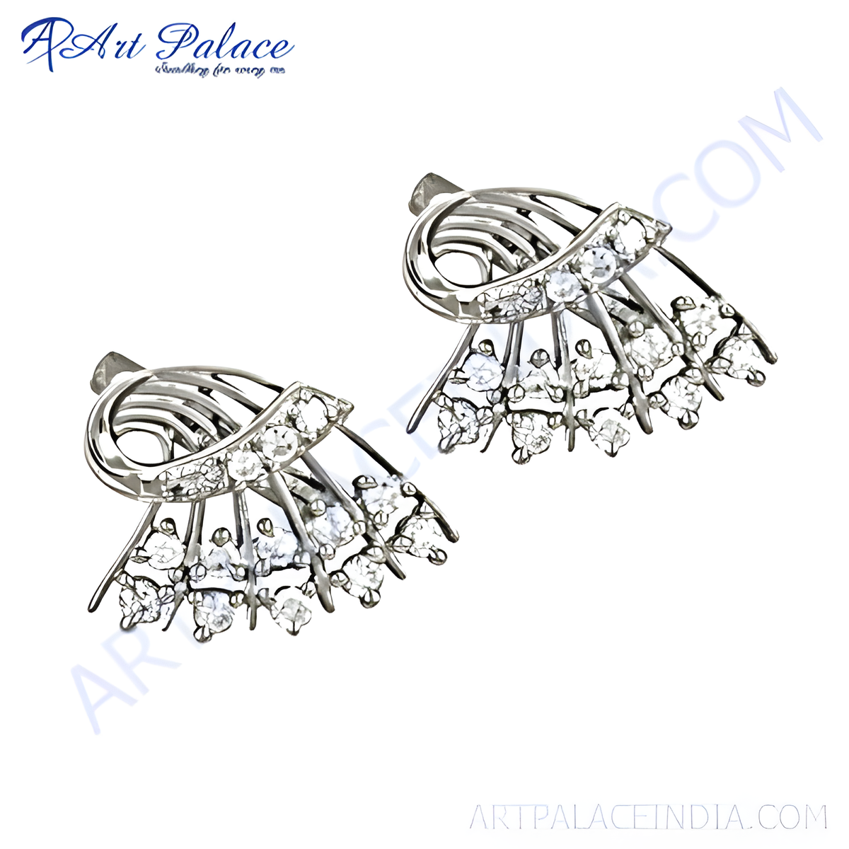 Silver stud earrings with cubic zirconia stones, fan design, for women