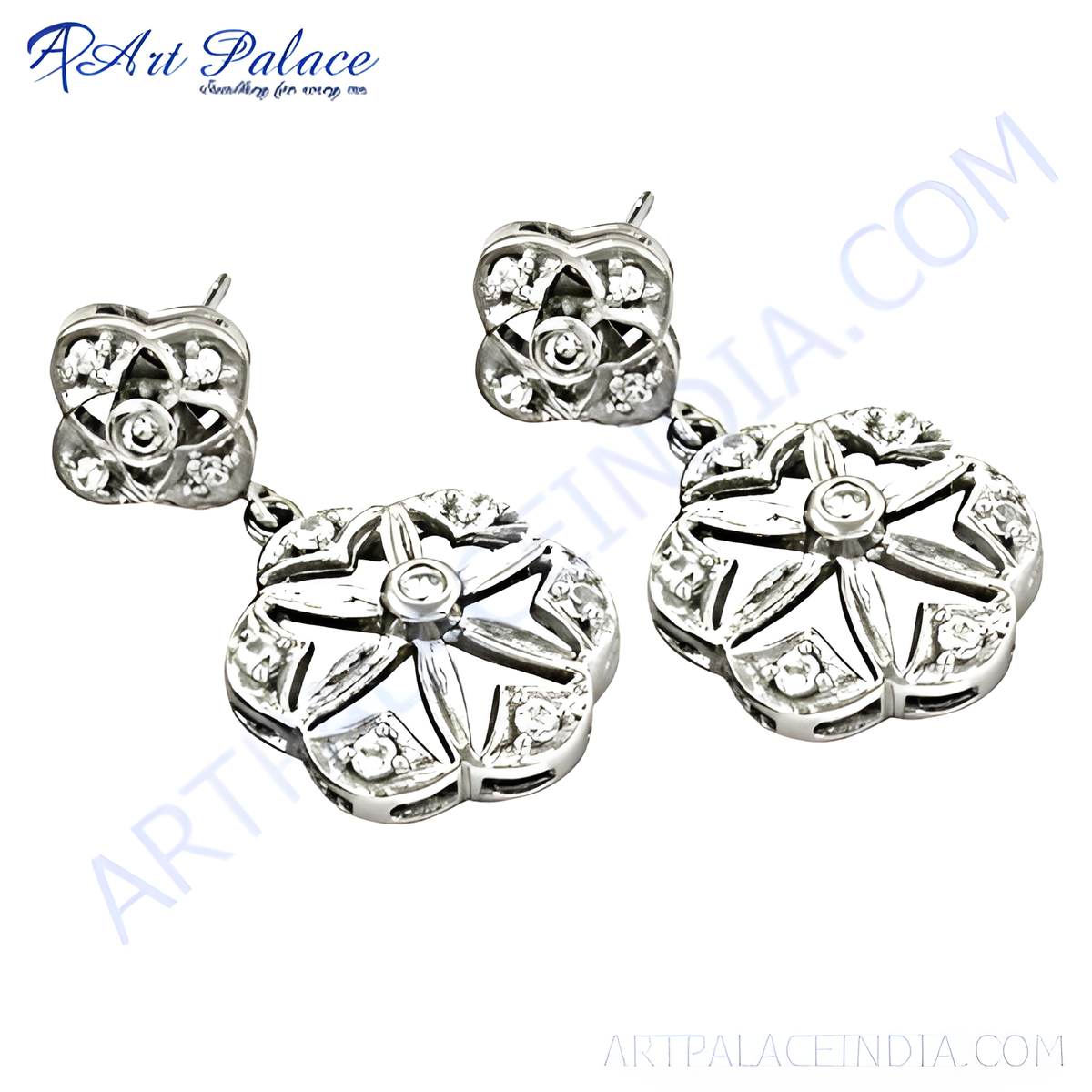925 sterling silver flower drop earrings with diamond accents, elegant and stylish design for women