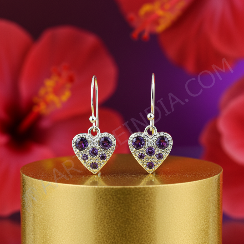 925 silver amethyst heart earrings for women | dangle earrings