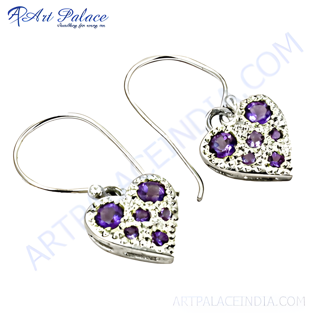 925 sterling silver dangle earrings with heart shaped amethyst gemstones, purple color