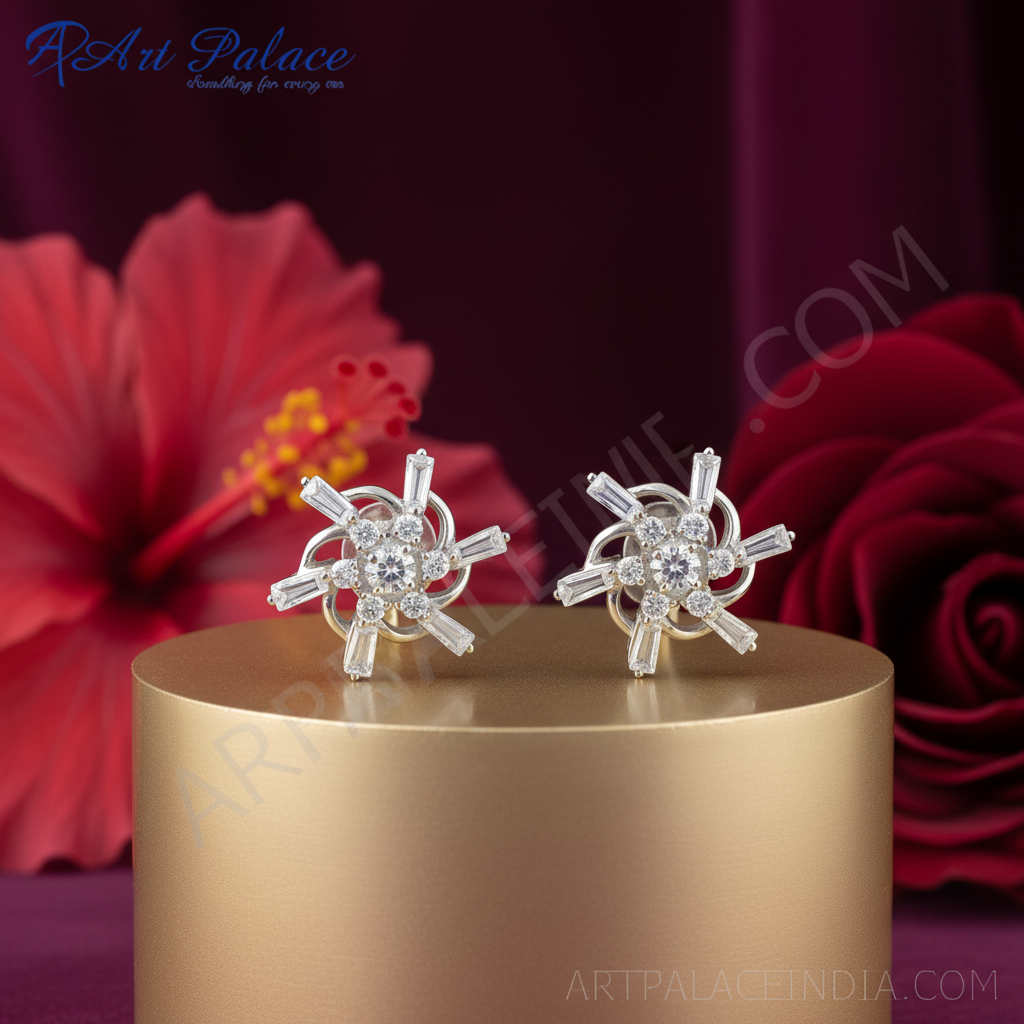 银色立方氧化锆花朵耳钉 | 女士珠宝礼物