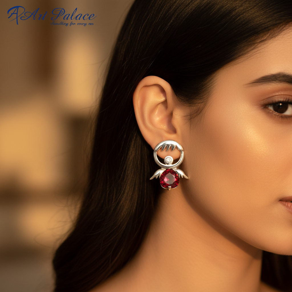 Silver Angel Stud Earrings with Red Gemstone | Women's Jewelry
