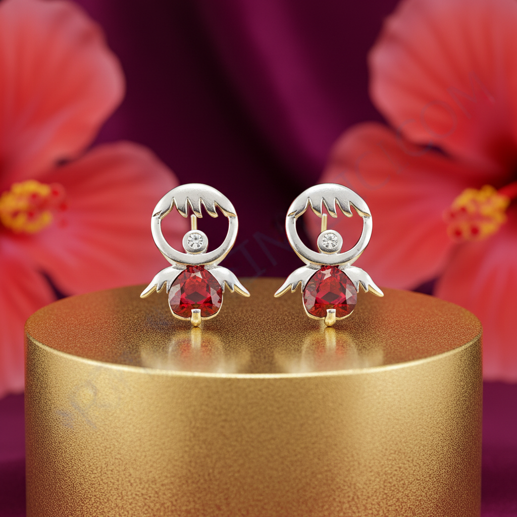Silver angel stud earrings with red gemstone | women's jewelry