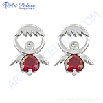 Load image into Gallery viewer, Sterling silver stud earrings with an angel design and a vibrant red gemstone center
