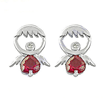 Silver Angel Stud Earrings with Red Gemstone | Women's Jewelry