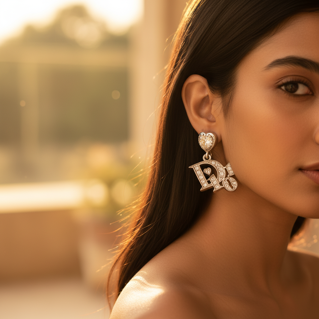 银色迪奥风格耳钉，镶嵌锆石 | 女士