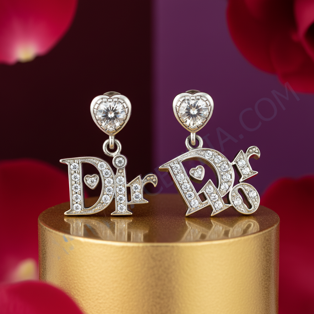 银色迪奥风格耳钉，镶嵌锆石 | 女士