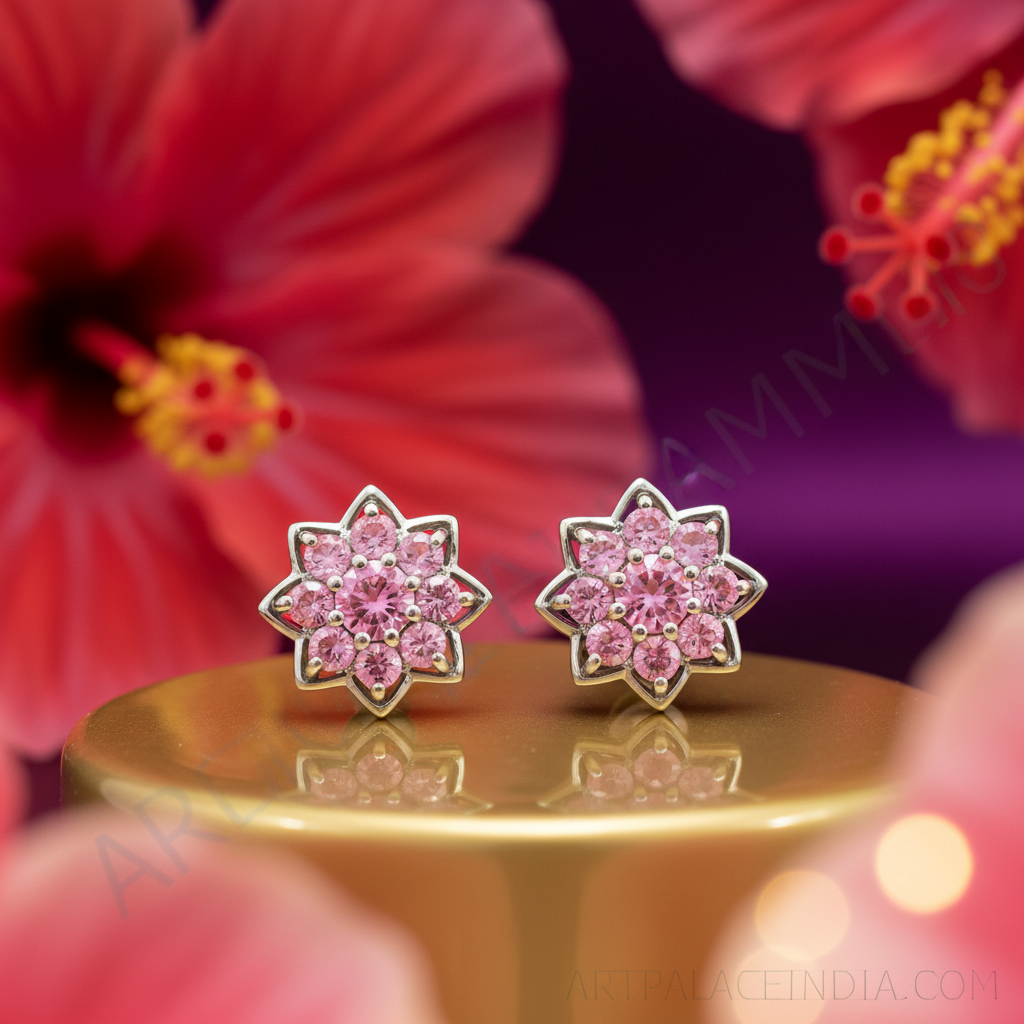 Pink sapphire flower stud earrings in sterling silver | for women