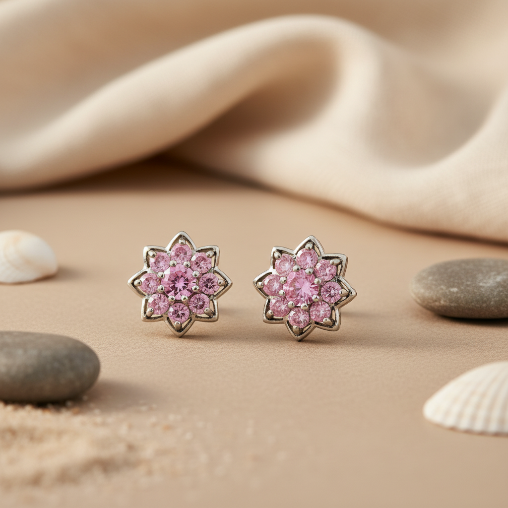 Pink Sapphire Flower Stud Earrings in Sterling Silver | For Women