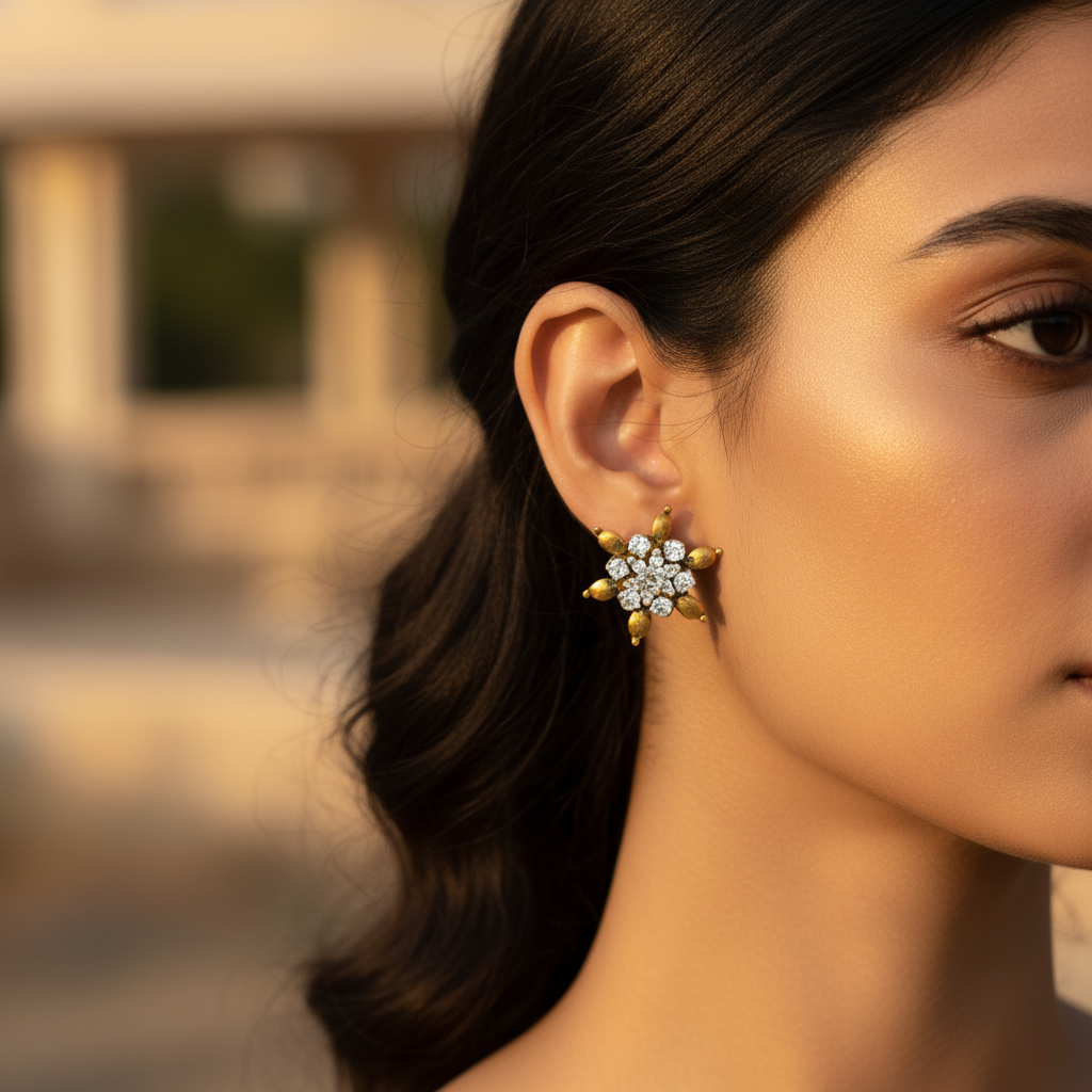 Gold Floral Stud Earrings with Cubic Zirconia | Women's Jewelry