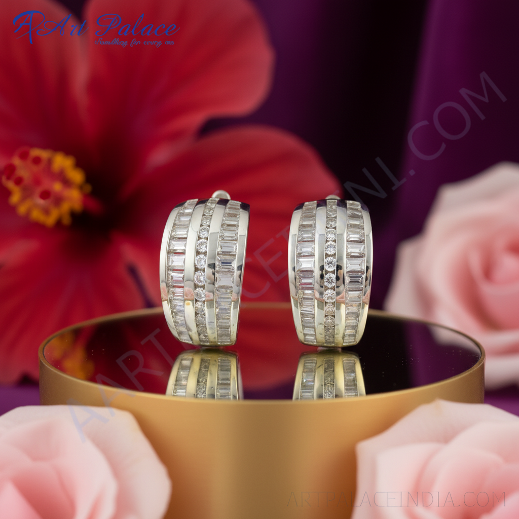 Silver baguette cut cubic zirconia hoop earrings for women