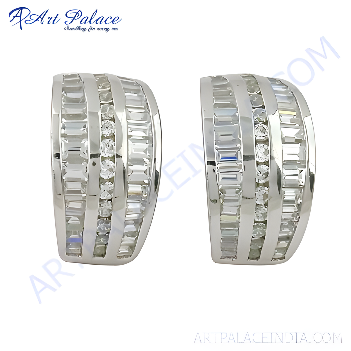 Silver hoop earrings with baguette cut cubic zirconia stones