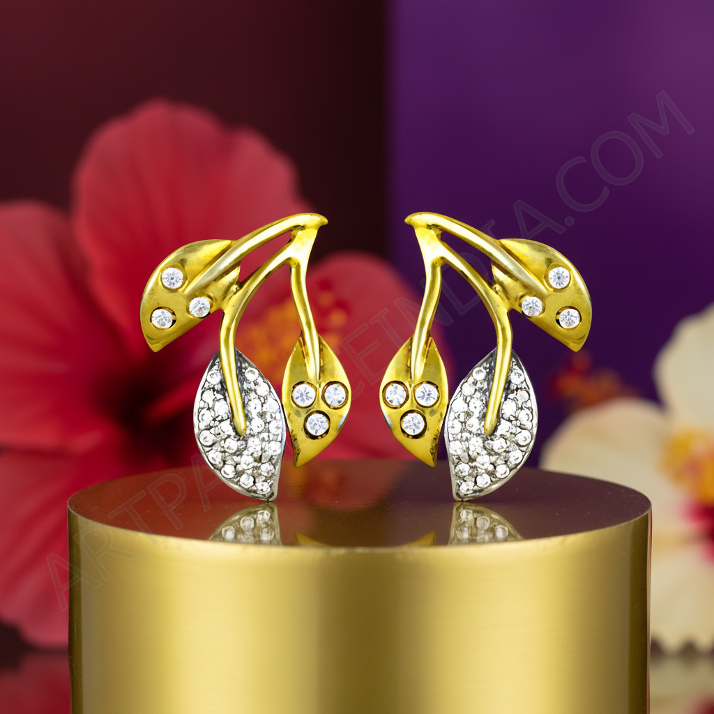 Gold & silver leaf stud earrings with cz for women | art palace