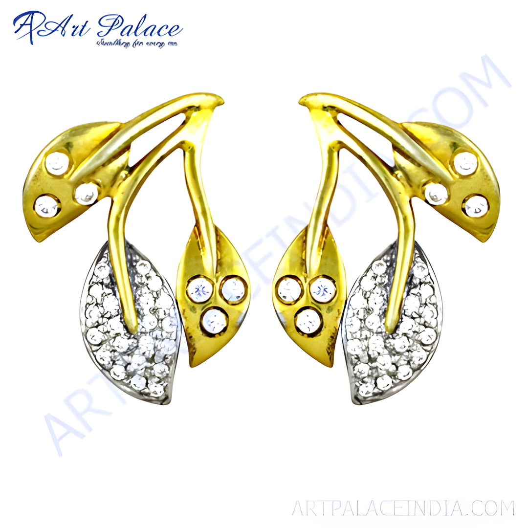 Gold and silver leaf stud earrings with sparkling cubic zirconia stones, perfect for women.