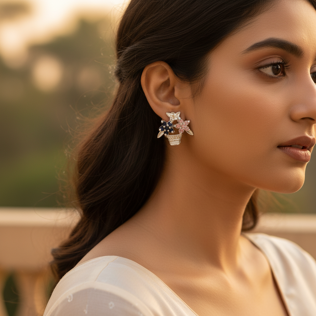 Silver flower basket stud earrings | multicolor gemstone | women's jewelry