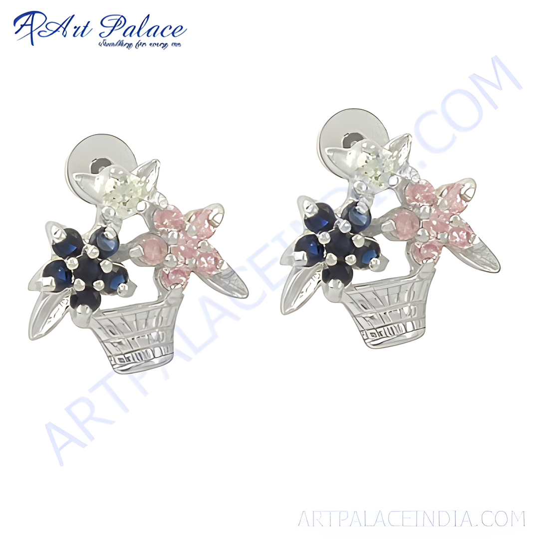 Silver stud earrings featuring a flower basket design with multicolored gemstones.
