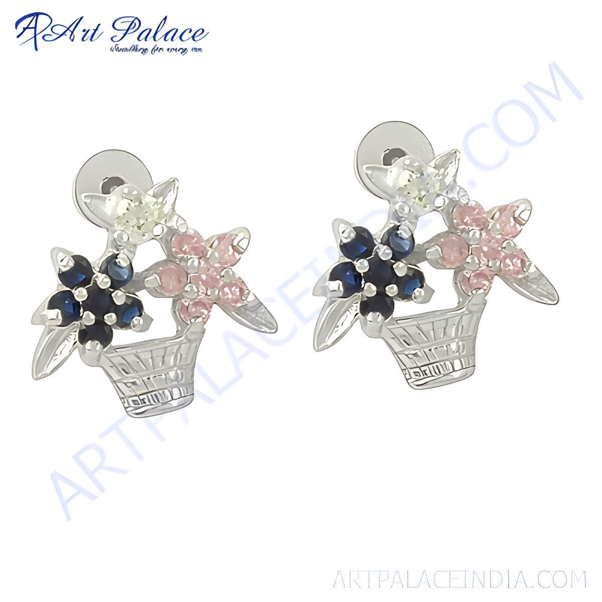 Silver stud earrings featuring a flower basket design with multicolored gemstones