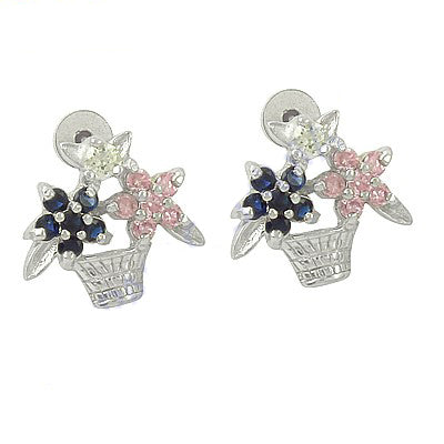 Silver flower basket stud earrings | multicolor gemstone | women's jewelry