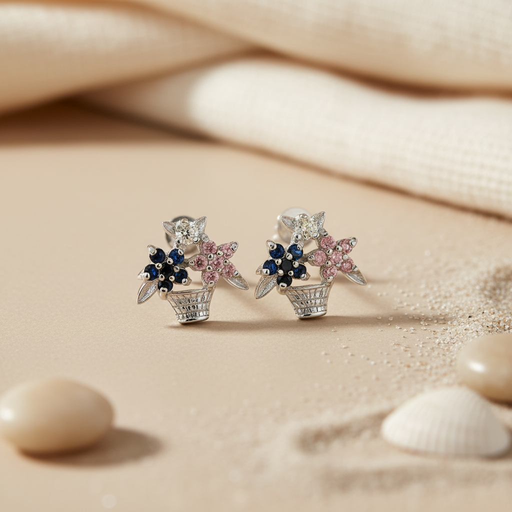 Silver Flower Basket Stud Earrings | Multicolor Gemstone | Women's Jewelry