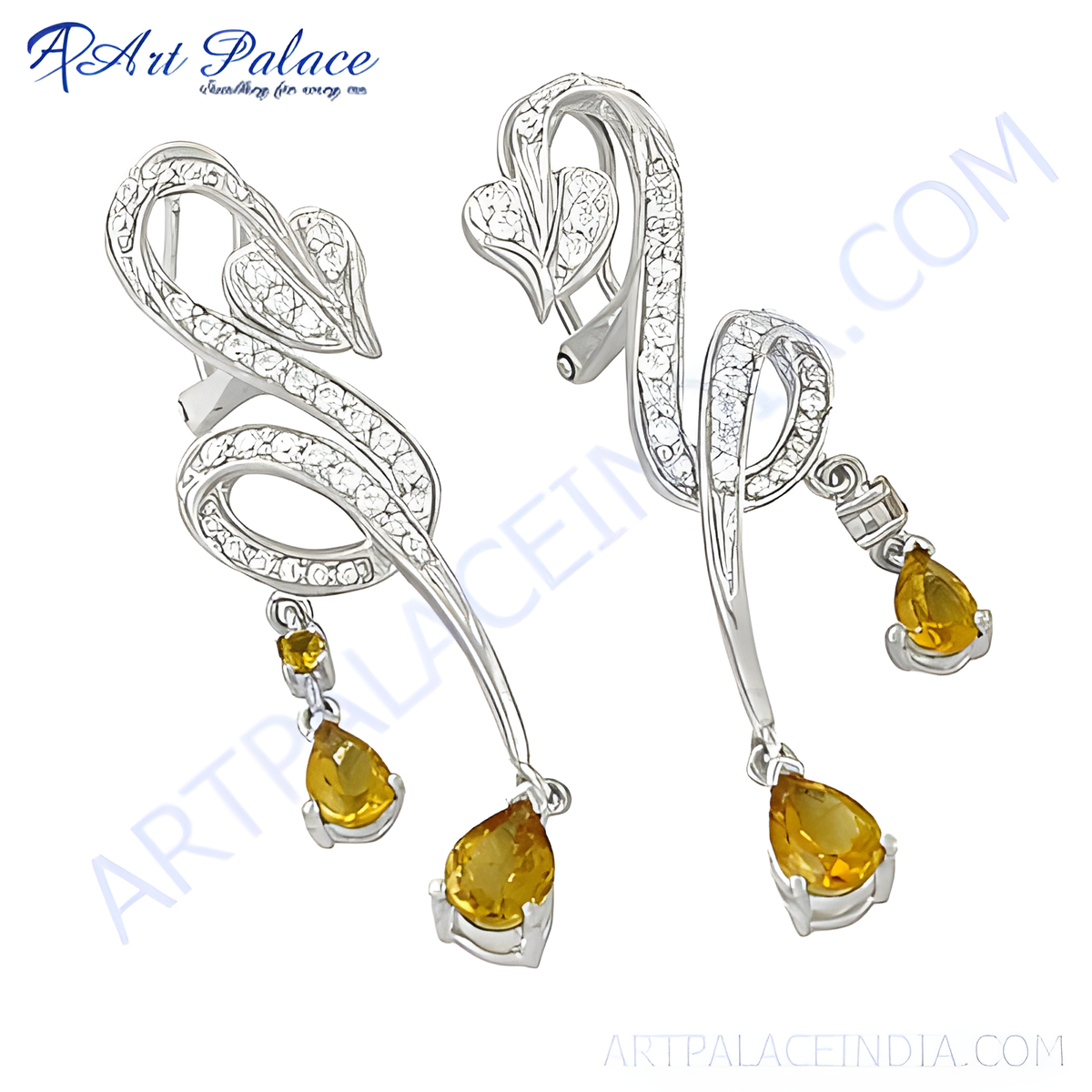 925 sterling silver citrine dangle earrings, featuring pear shaped yellow gemstones and a unique design