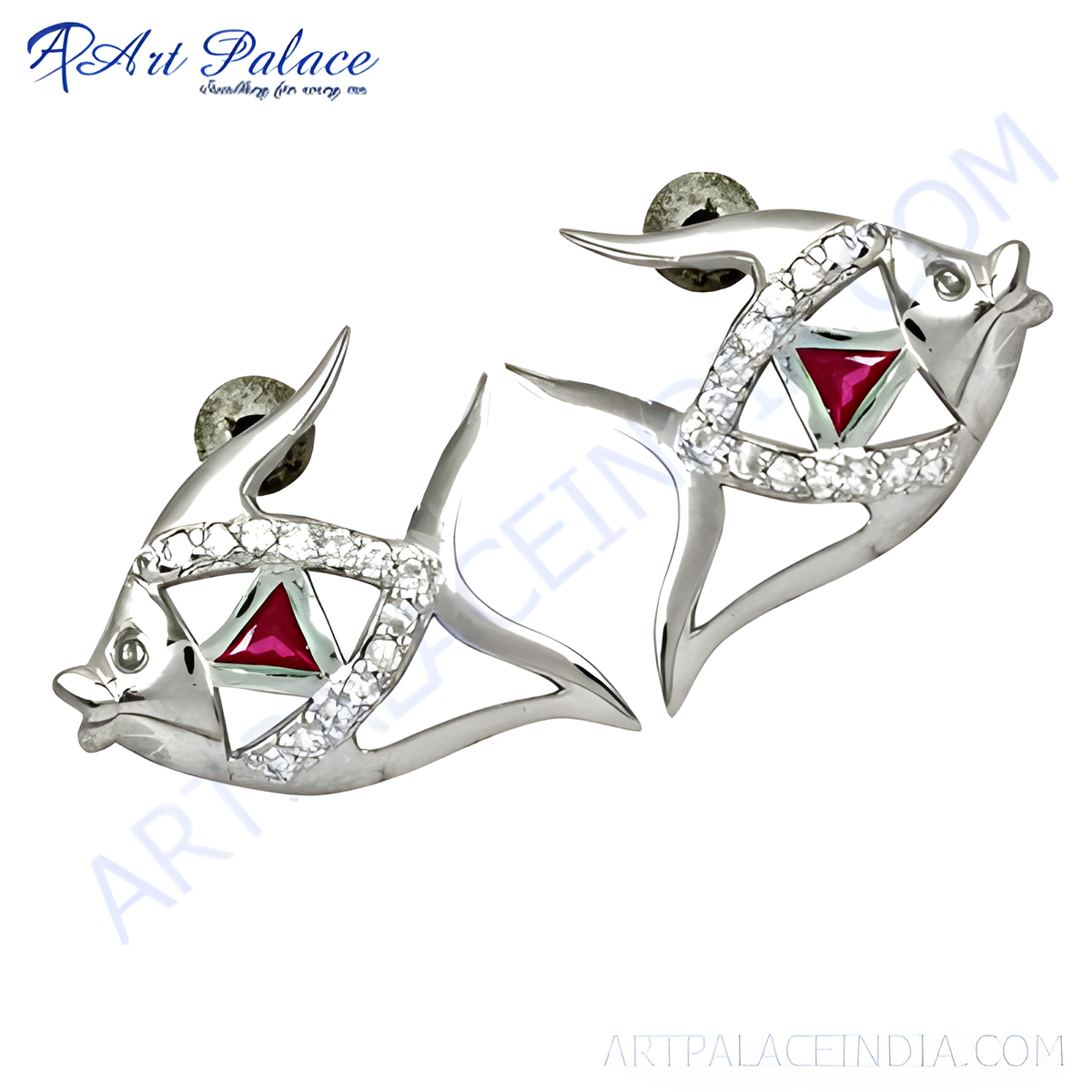 Sterling silver fish stud earrings featuring a vibrant ruby gemstone, perfect for women