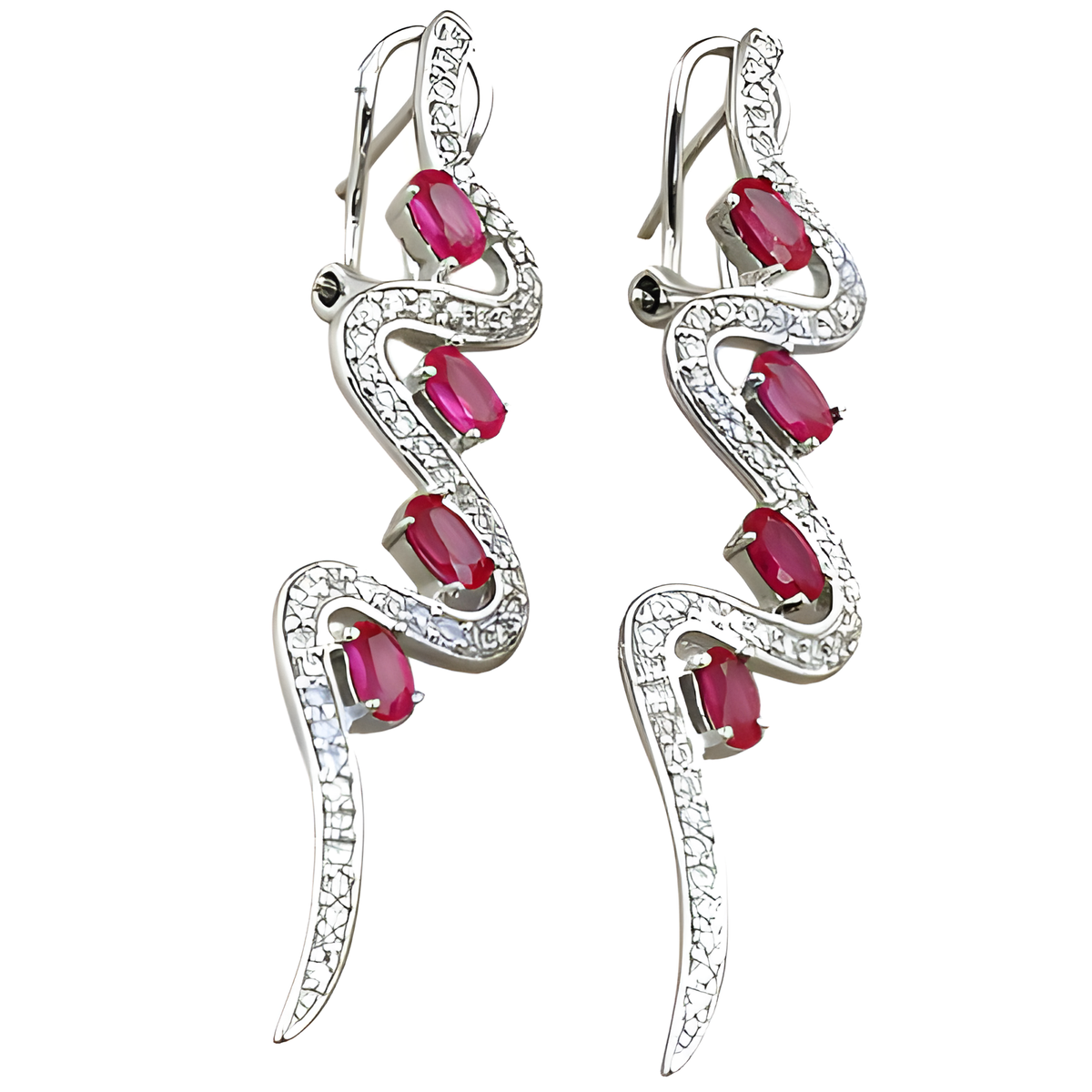 925 silver drop earrings featuring oval cut ruby gemstones in a wave design