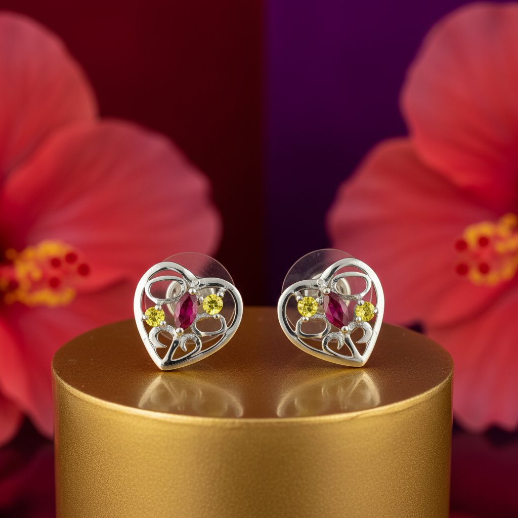 Silver heart stud earrings with ruby & yellow gemstones