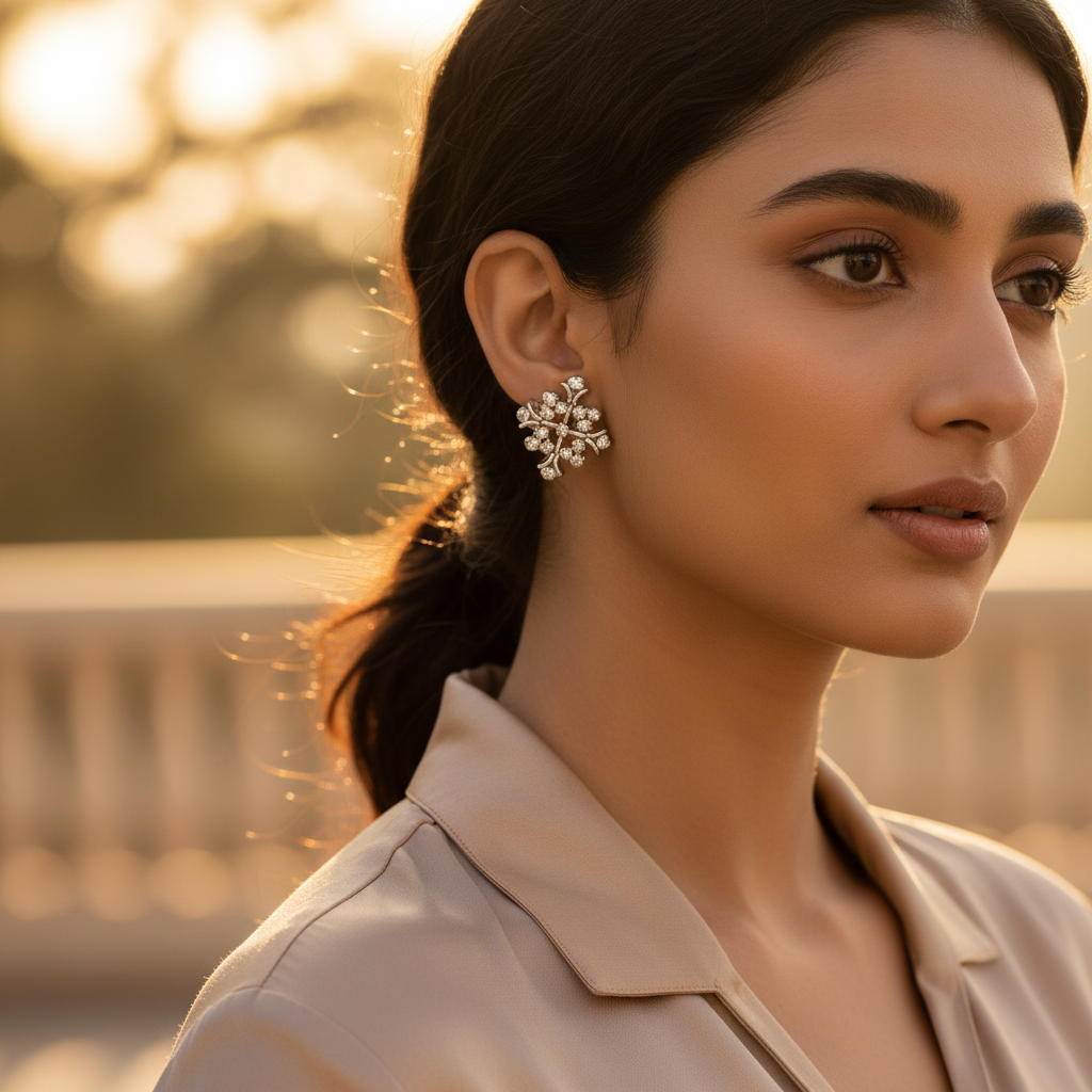 女士银色钻石簇镶耳钉 | 花卉设计