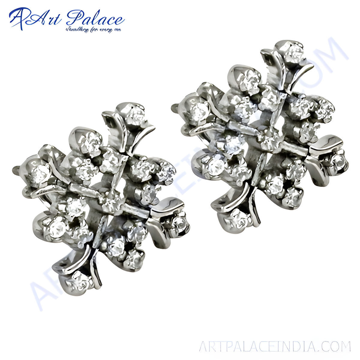 Silver diamond cluster stud earrings with a floral design and sparkling gemstones