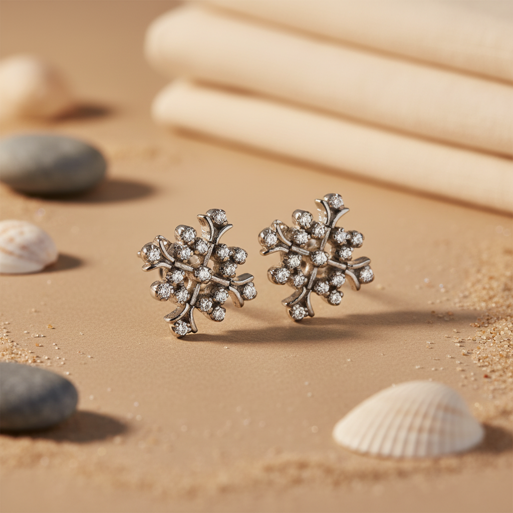 Silver Diamond Cluster Stud Earrings for Women | Floral Design