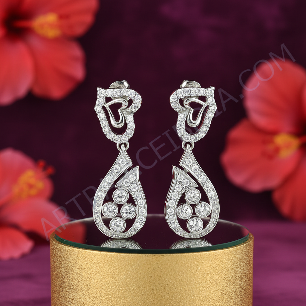 925纯银镶嵌立方氧化锆心形耳坠（女士款）