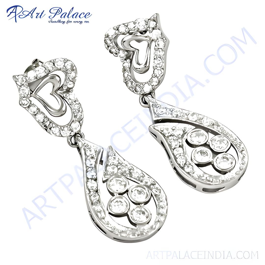 925 sterling silver heart drop earrings with sparkling cubic zirconia stones