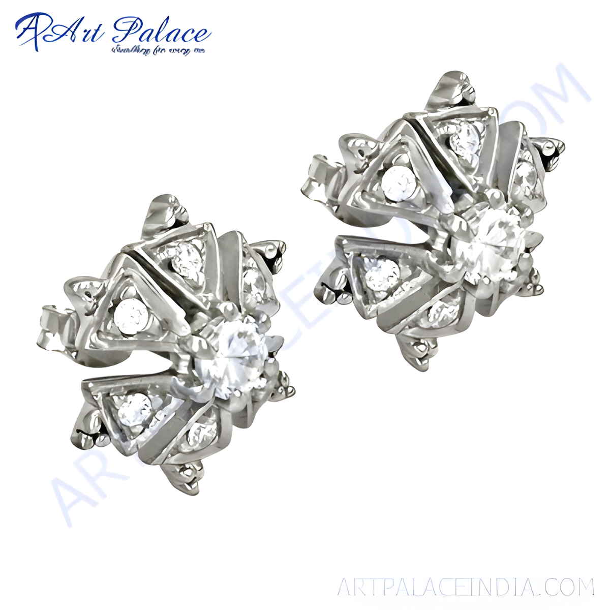 Silver stud earrings with round cut cubic zirconia stones on a white background, jewelry product