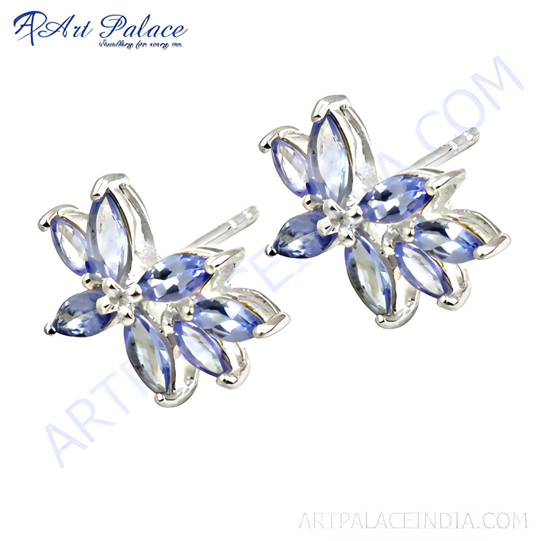 925 sterling silver flower stud earrings with marquise-cut tanzanite gemstones